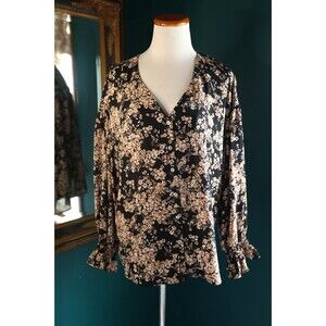 Voy Dark Ditsy Floral Button Down Sheer Peasant Blouse Ruffle Sleeve Whimsigoth